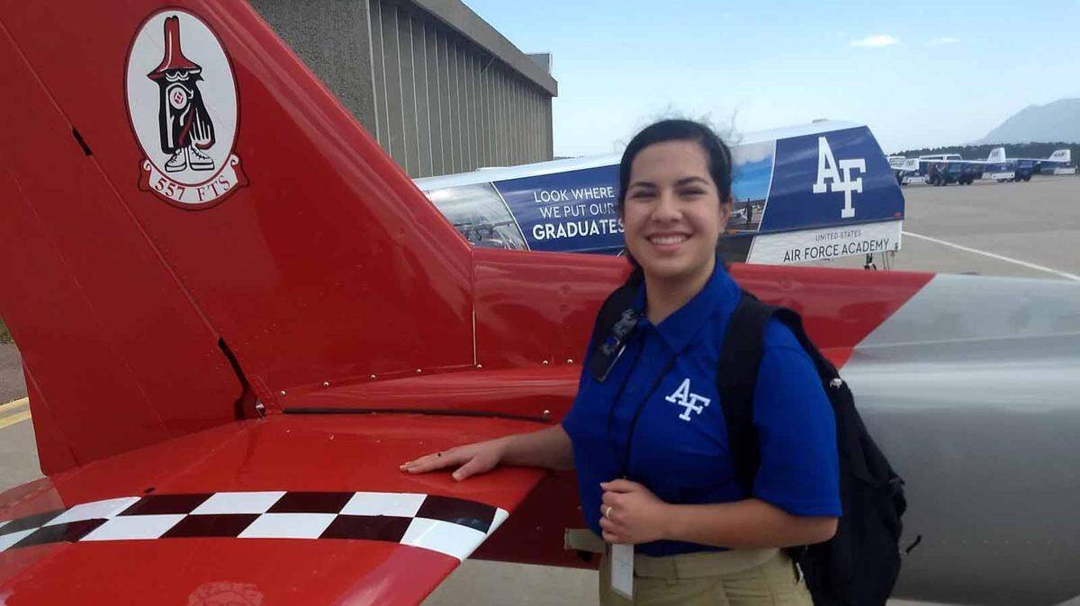 Prosser High School senior Hannah Norris poses for a photo as she explores the airfield at the U.S. Air Force Academy earlier this summer.