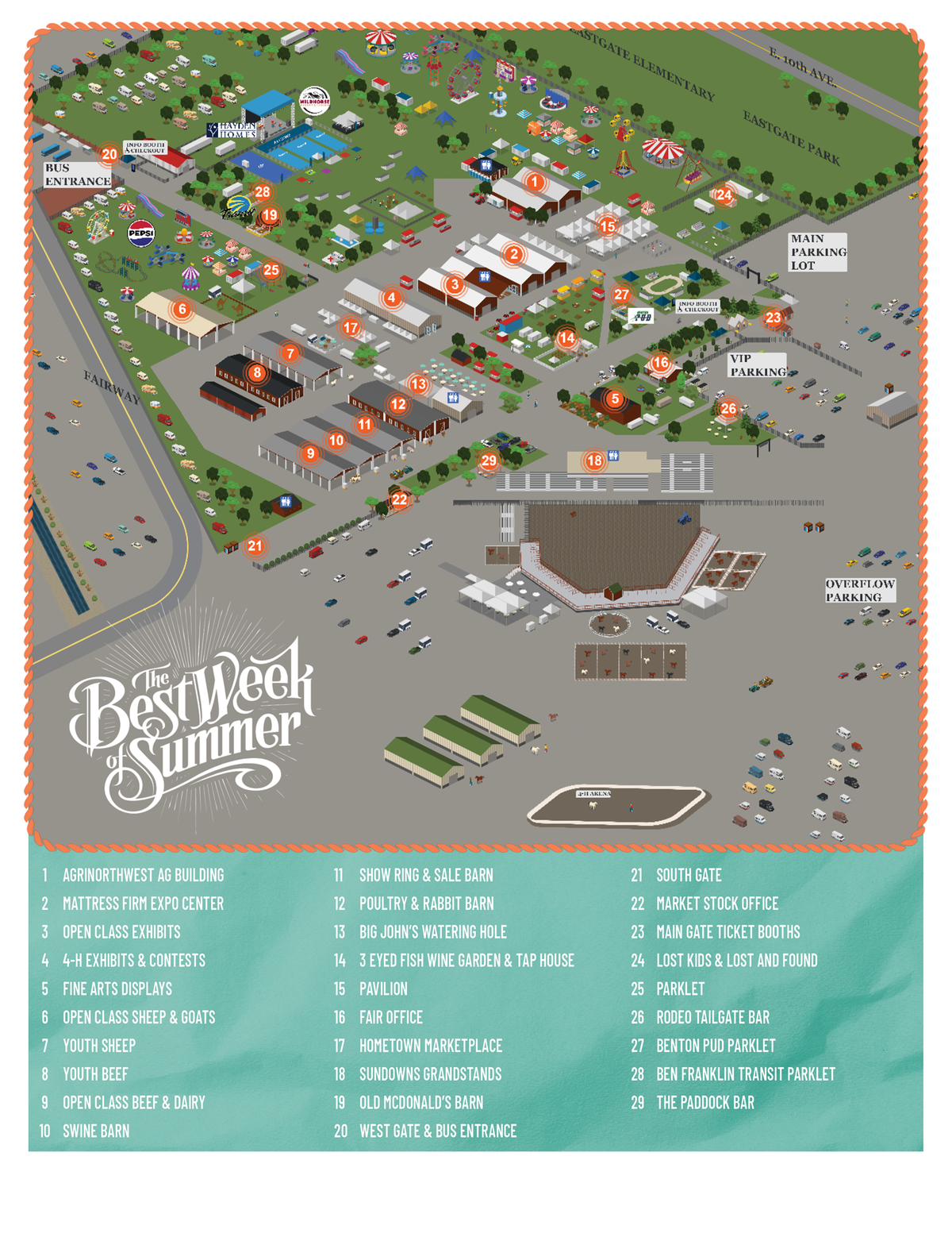 Map of the Benton Franklin Fair and Rodeo at the Benton County Fairgrounds from August 20 to 24, 2024.