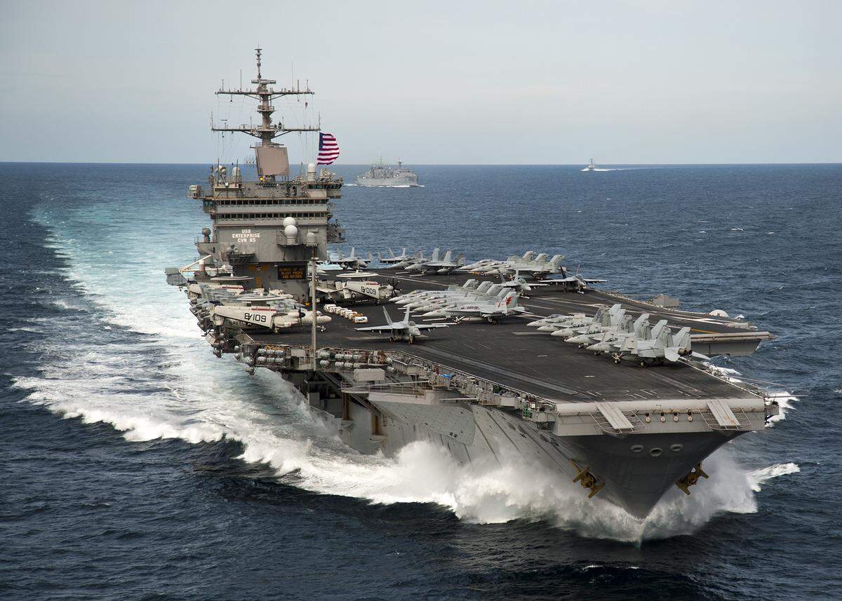 120321-N-VH054-556 The aircraft carrier USS Enterprise is shown underway with the Enterprise Carrier Strike Group in the Atlantic Ocean in March 2012.