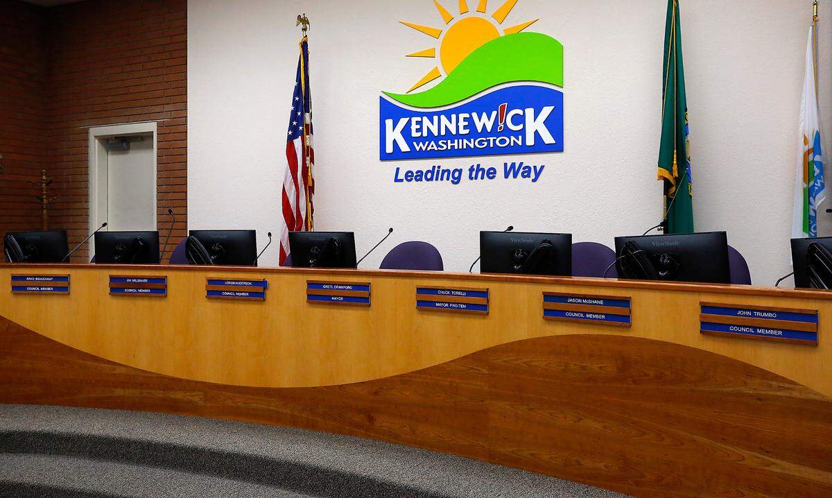 Overall view of the Kennewick City Council chambers at city hall in downtown Kennewick.