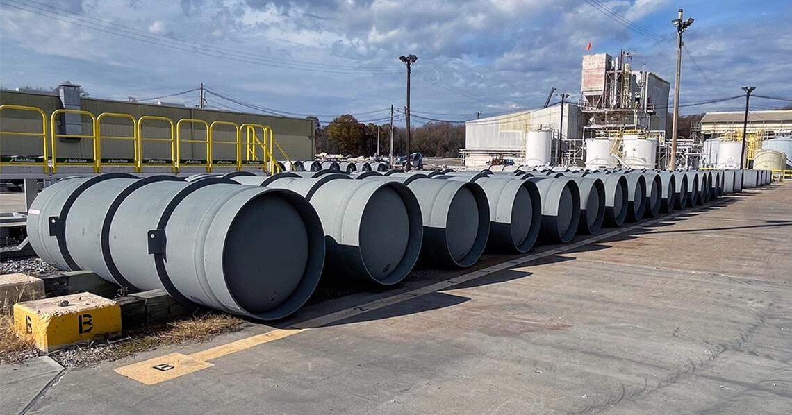 Uranium hexafluoride gas containers are shown. The Department of Energy is working to expand domestic commercial low enriched uranium enrichment capabilities to supply nuclear reactors.
