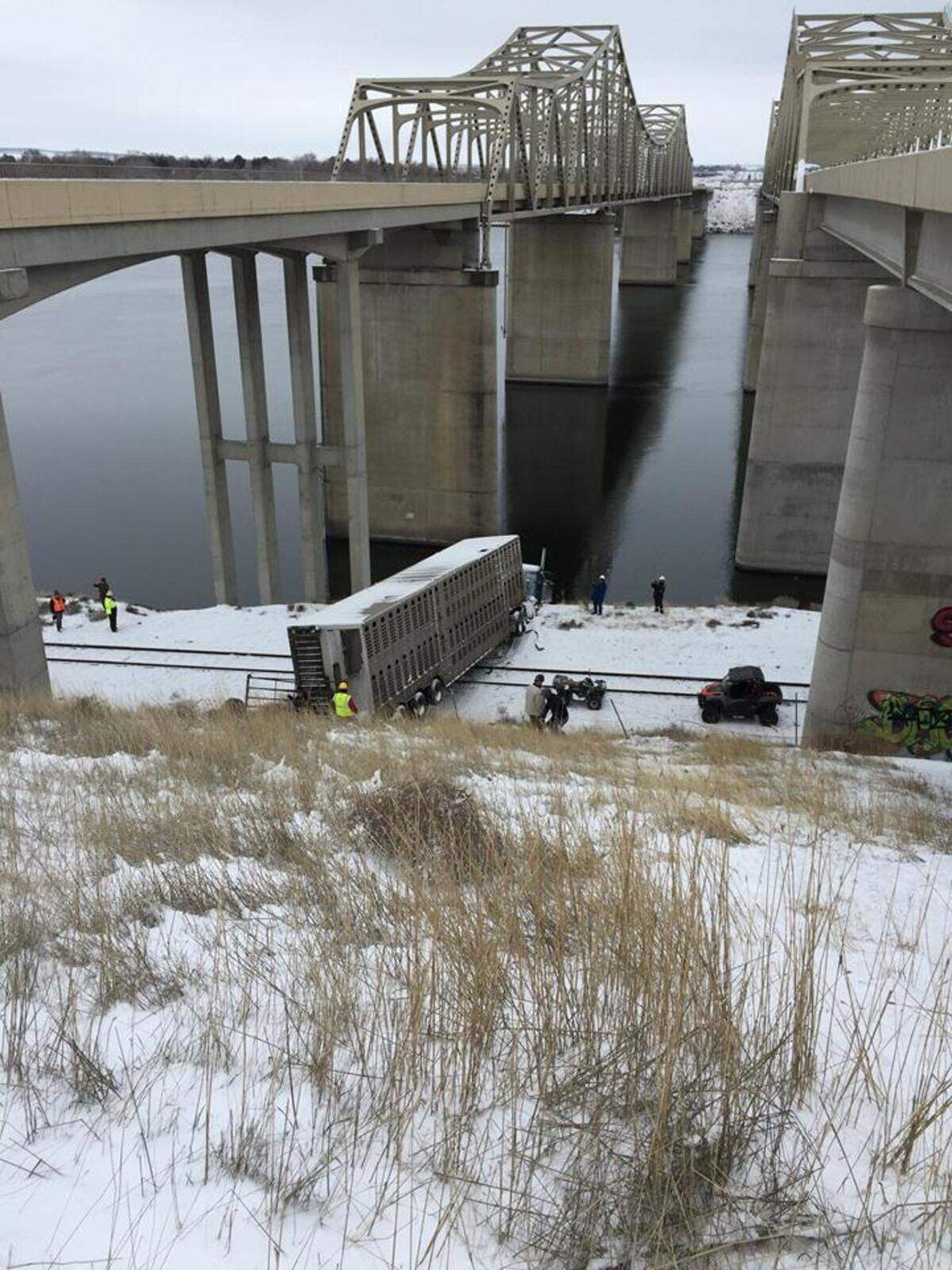 A truck went down an embankment and nearly nearly ended up in the Snake River Monday afternoon.