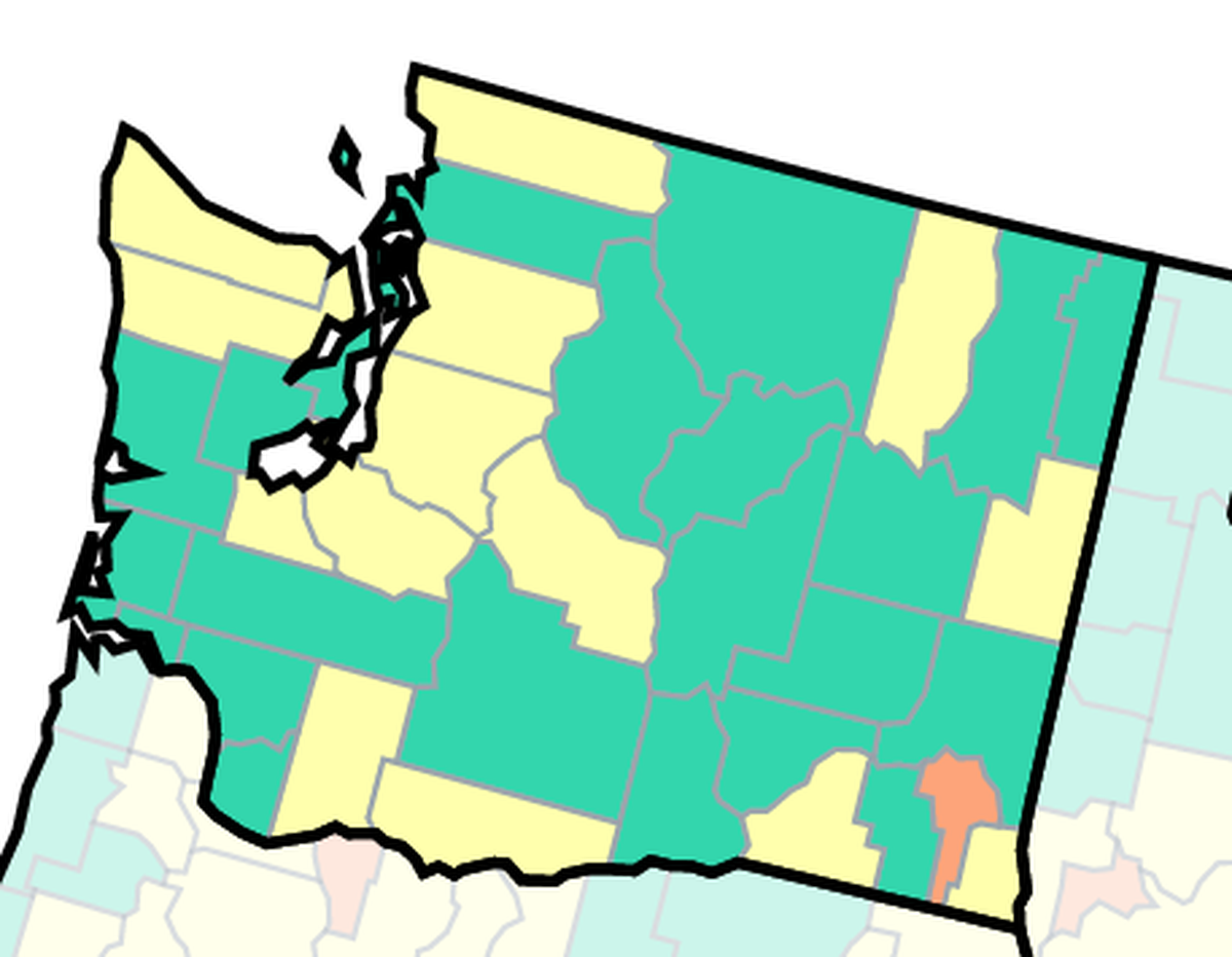 On Friday the Centers for Disease Control rated Benton and Franklin COVID-19 community transmission levels as “low.” Green is low, yellow is medium and orange is high.