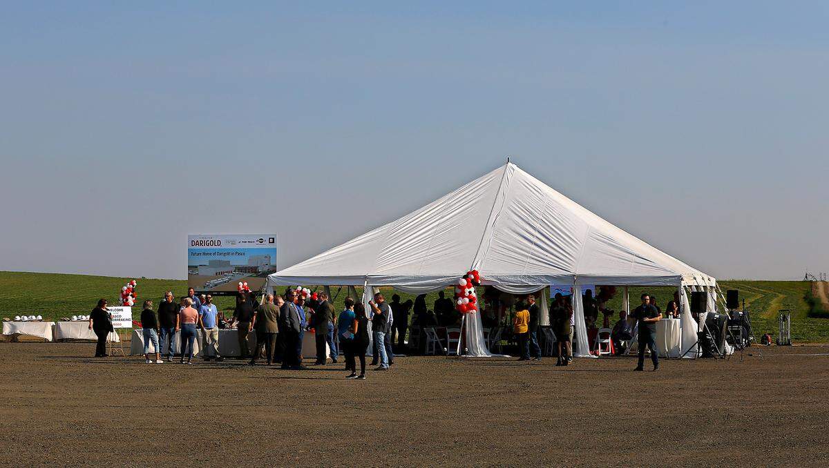 Dozens gather for the ceremonial ground breaking for the new Darigold dairy production facility off North Railroad Avenue in Pasco. The plant will have capacity to process 8 million pounds of milk per day and employ about 200 people when fully operational.