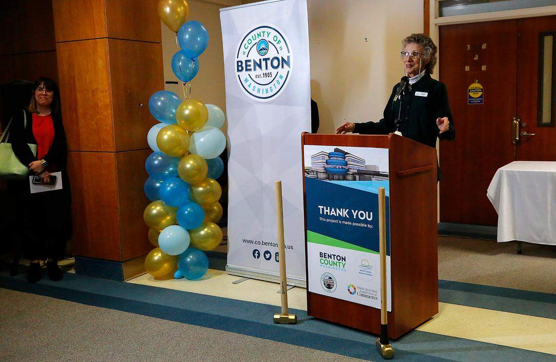 Michelle Gerber, co-founder of Benton Franklin Recovery Coalition, speaks during the groundbreaking ceremony for the Columbia Valley Center for Recovery in downtown Kennewick.