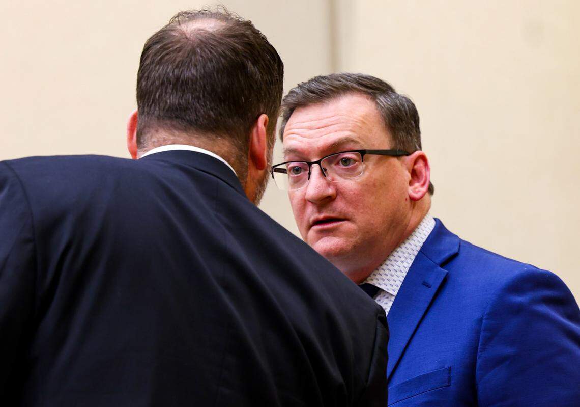 Defense attorney Joseph Faurholt, left and Benton Deputy Prosecutor Josh Lilly talk during a February 2026 court appearance for murder suspect Abdullah A. Hussein in Benton County Superior Court in Kennewick.