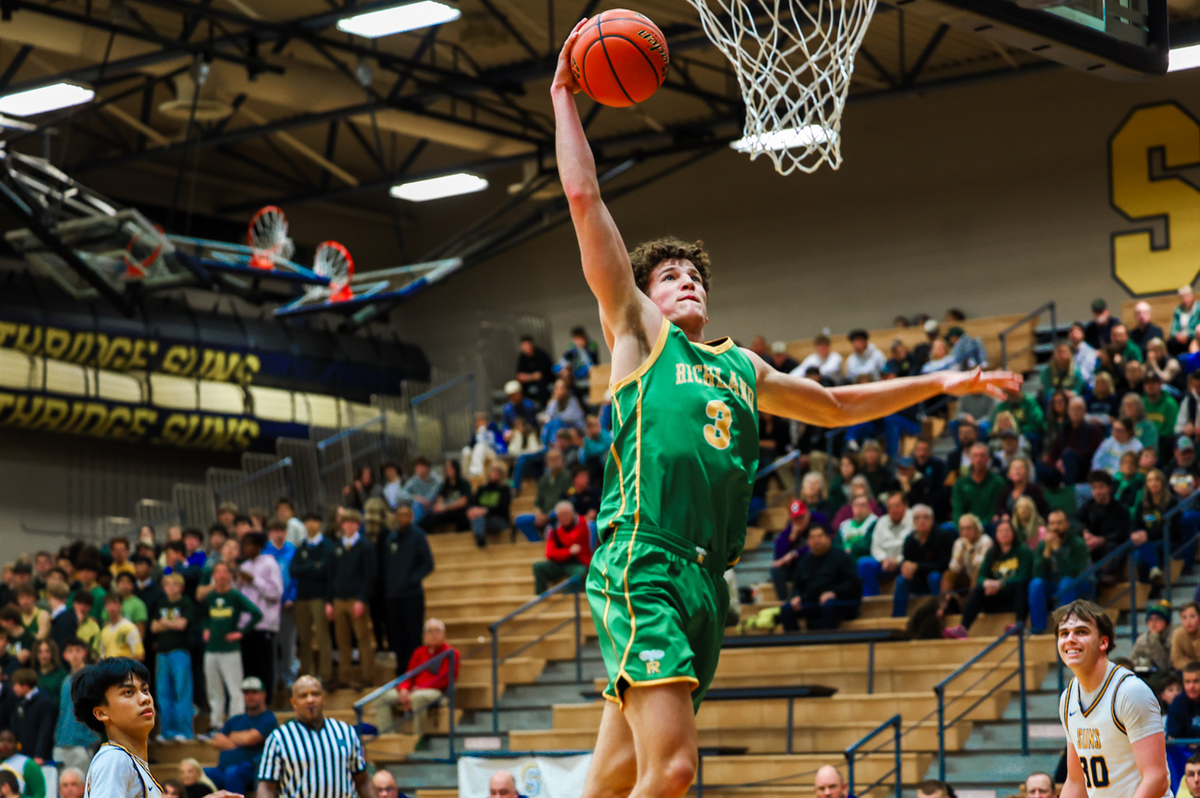 Richland senior Lance Horntvedt goes up for a dunk during the Bombers’ 109-53 win over Southridge on Jan. 23 at Southridge High in Kennewick. He is the Bombers’ leading scorer this season. He scored 36 points, while teammate Landen Northrop added 37 points.