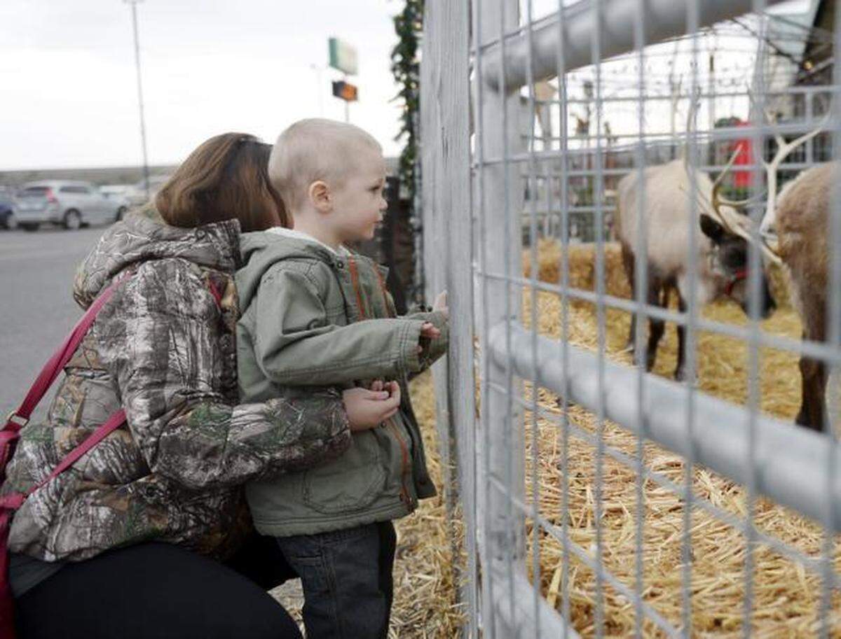 A mom and son visit Santa’s reindeer at Beaver Bark in Richland in this file photo. Santa and his helpers will be at the garden center this year - but things will be different with COVID precautions.