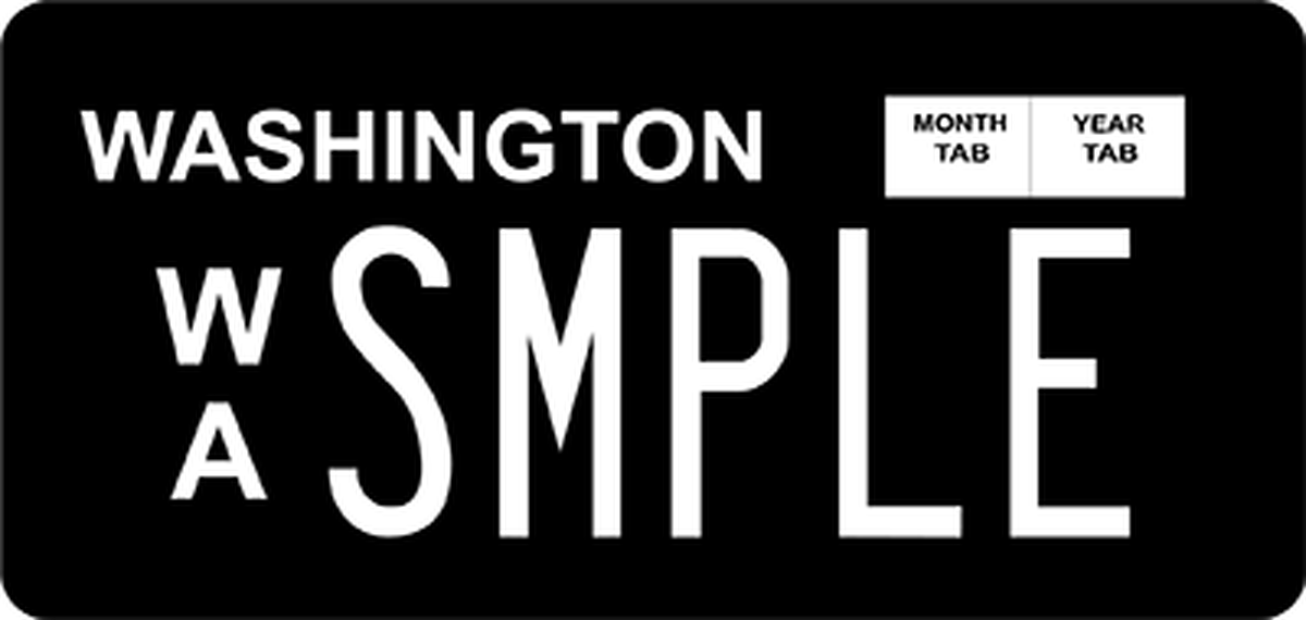 This sample plate showcases the design of the “throwback” special license plate design now available to Washington state drivers. Similar to a design used in the early 20th century, the plate features flat white lettering on a black background.
