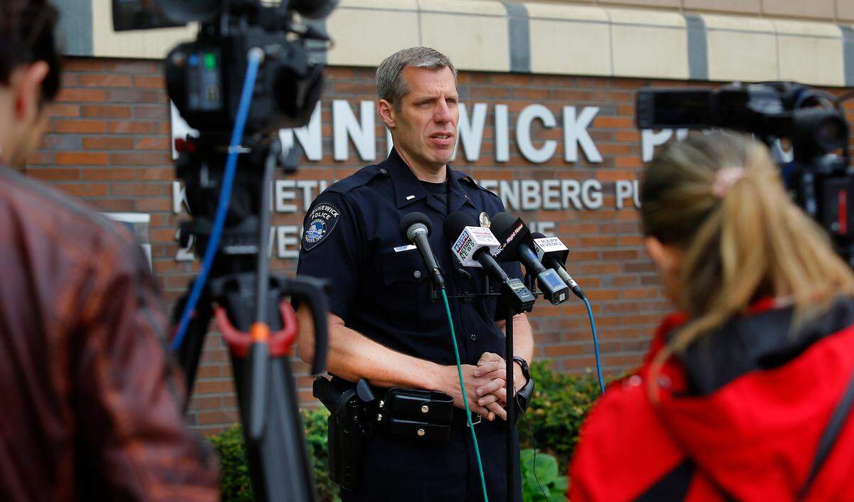 Lt. Jason Kiel of the Kennewick Police Department announces the arrest of a suspect Friday morning in the violent death of Clayton Wick. Wick’s body was discovered by his housekeeper in his house at 440 S. Buchanan St. in the afternoon of May 3.