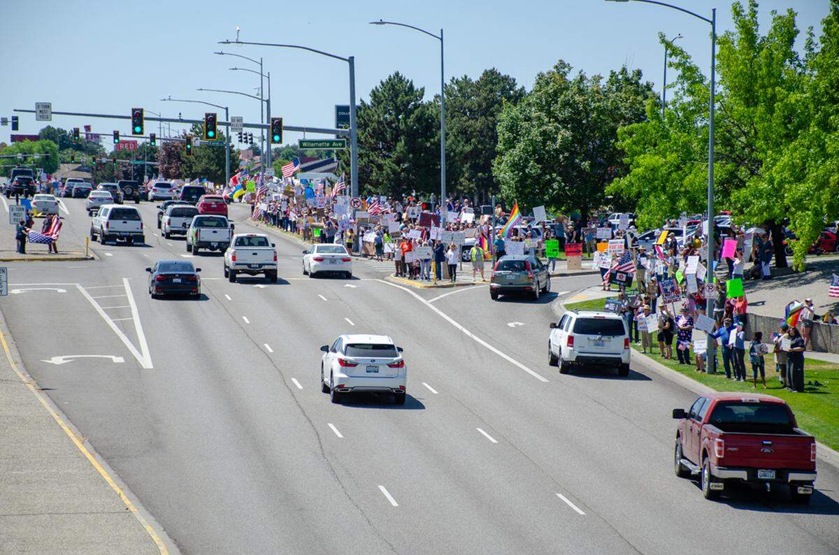 Thousands gathered along Columbia Center Boulevard in Kennewick, Washington, on Saturday, June 14, for the nationwide “No Kings” protest. They demonstrated against President Donald Trump’s policies and against arrests made in the Hispanic community by U.S. Immigration and Customs Enforcement, or ICE. 