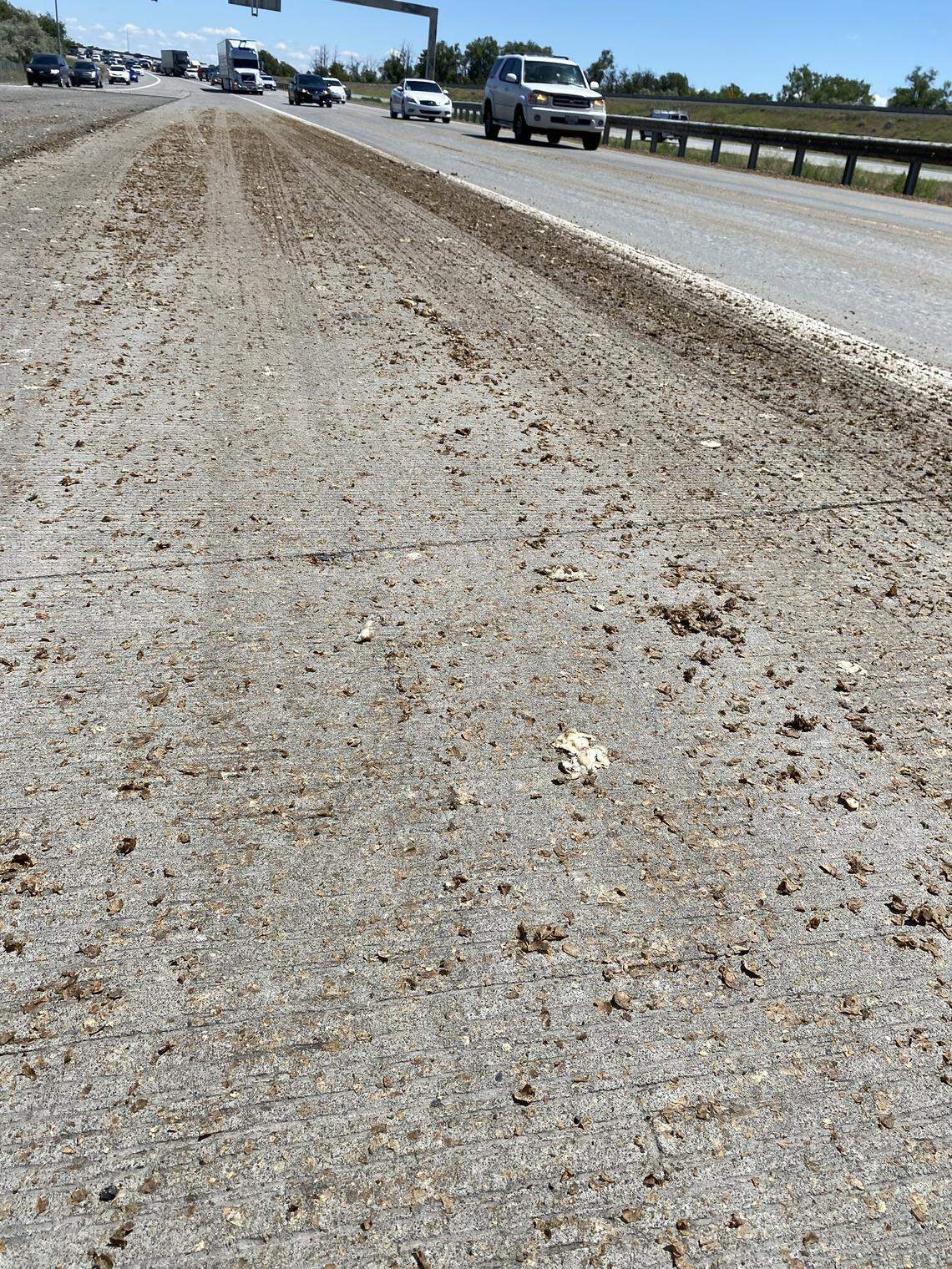 Potato sludge was spilled by a semi on westbound Interstate 182 in Richland on Thursday, causing two motorcycle wrecks.
