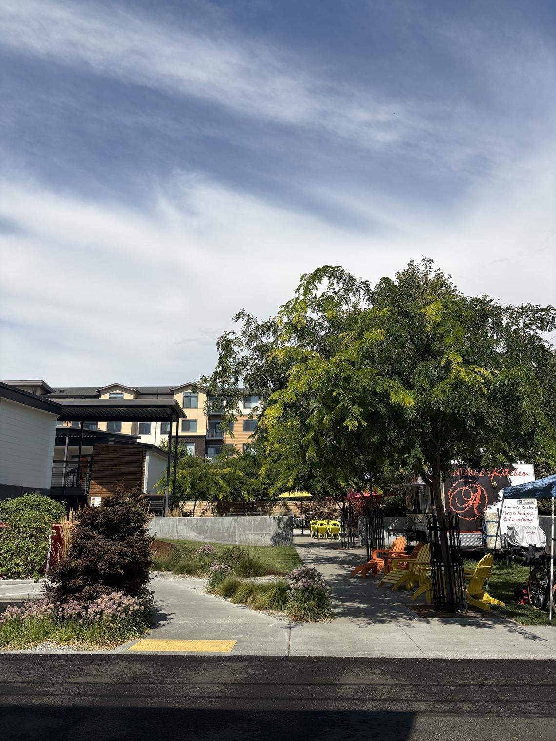 Walking to the outdoor gathering space at The Finch often means finding a local food truck featured for guests to enjoy.