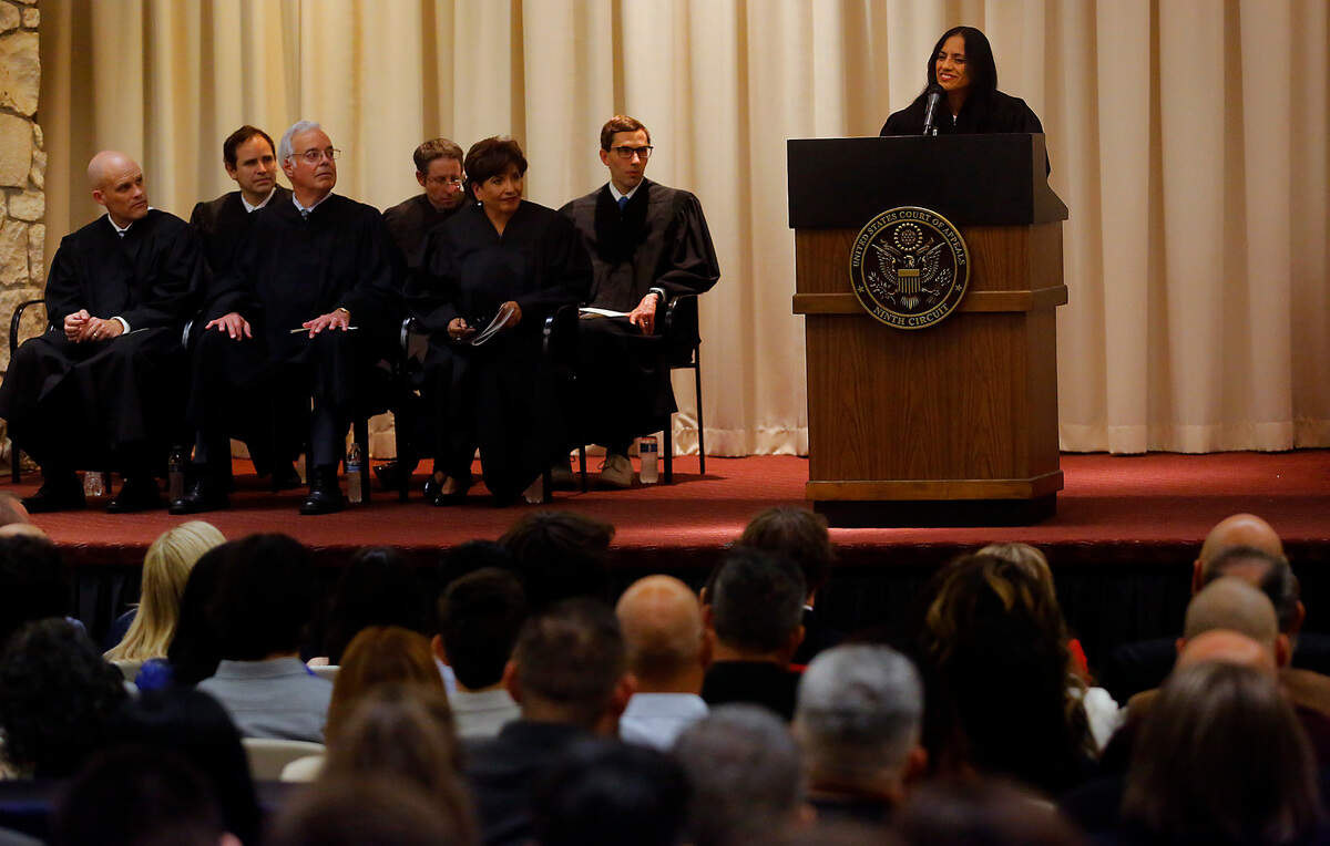 Benton Franklin Superior Court Judge Norma Rodriguez speaks during the investiture ceremony Judge Sal Mendoza to the United States Court of Appeals for the Ninth Circuit held at the Federal Building in Richland.
