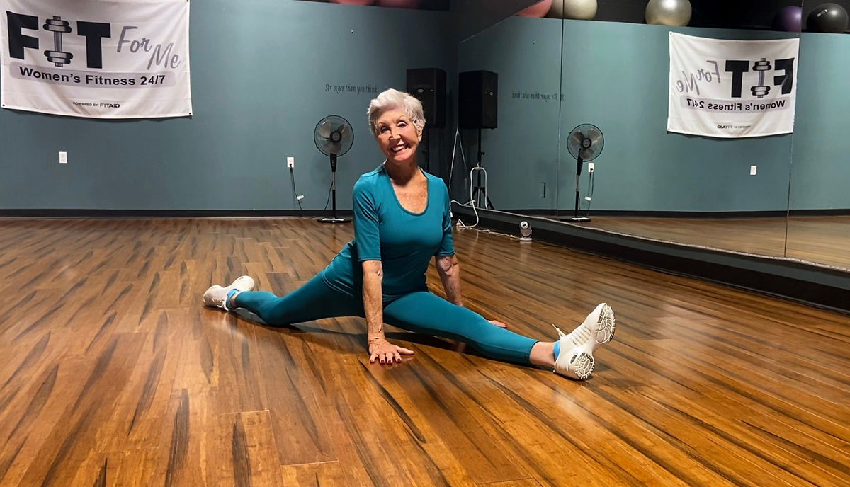 Shelagh Moore, 84, is still doing the splits at the Fit For Me women’s gym where she teaches a dance class.