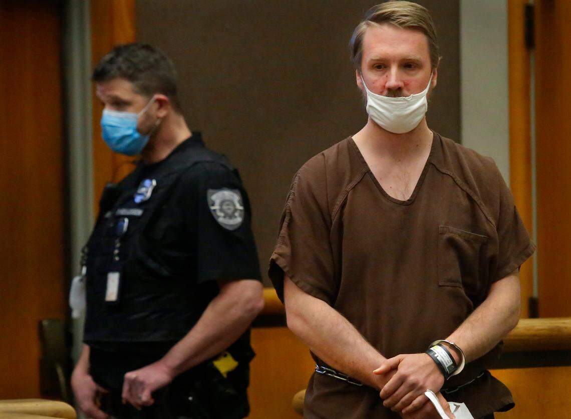 Aaron C. Kelly appears in February 2022 in Benton County Superior Court on charges he killed one man and wounded another inside the Richland Fred Meyer store. 