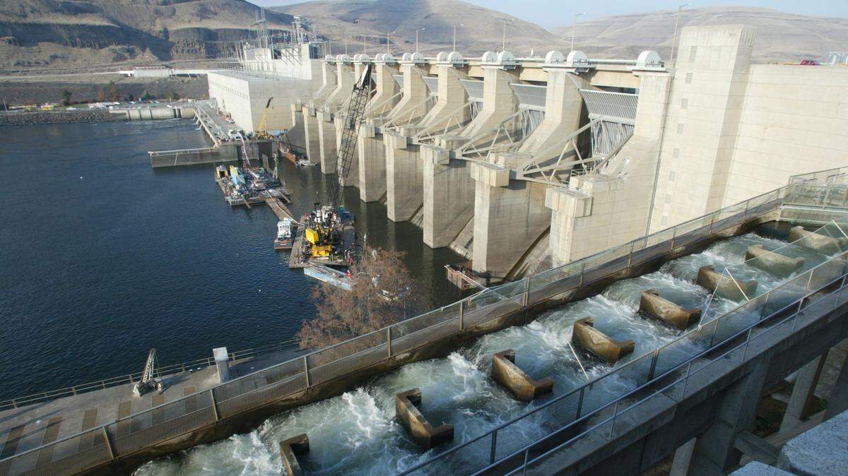 Water from the Snake River rushes down a fish ladder at Lower Monumental Dam.