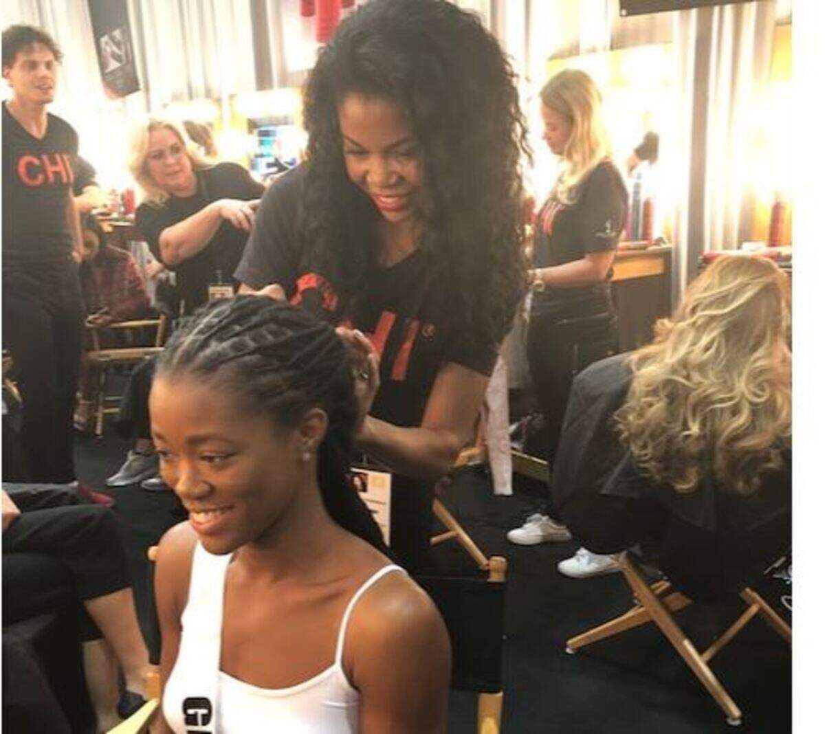 Chauné Fitzgerald works with Miss Great Britain Dee-Ann Kentish-Rogers during the Miss Universe 2018 pageant in Thailand.