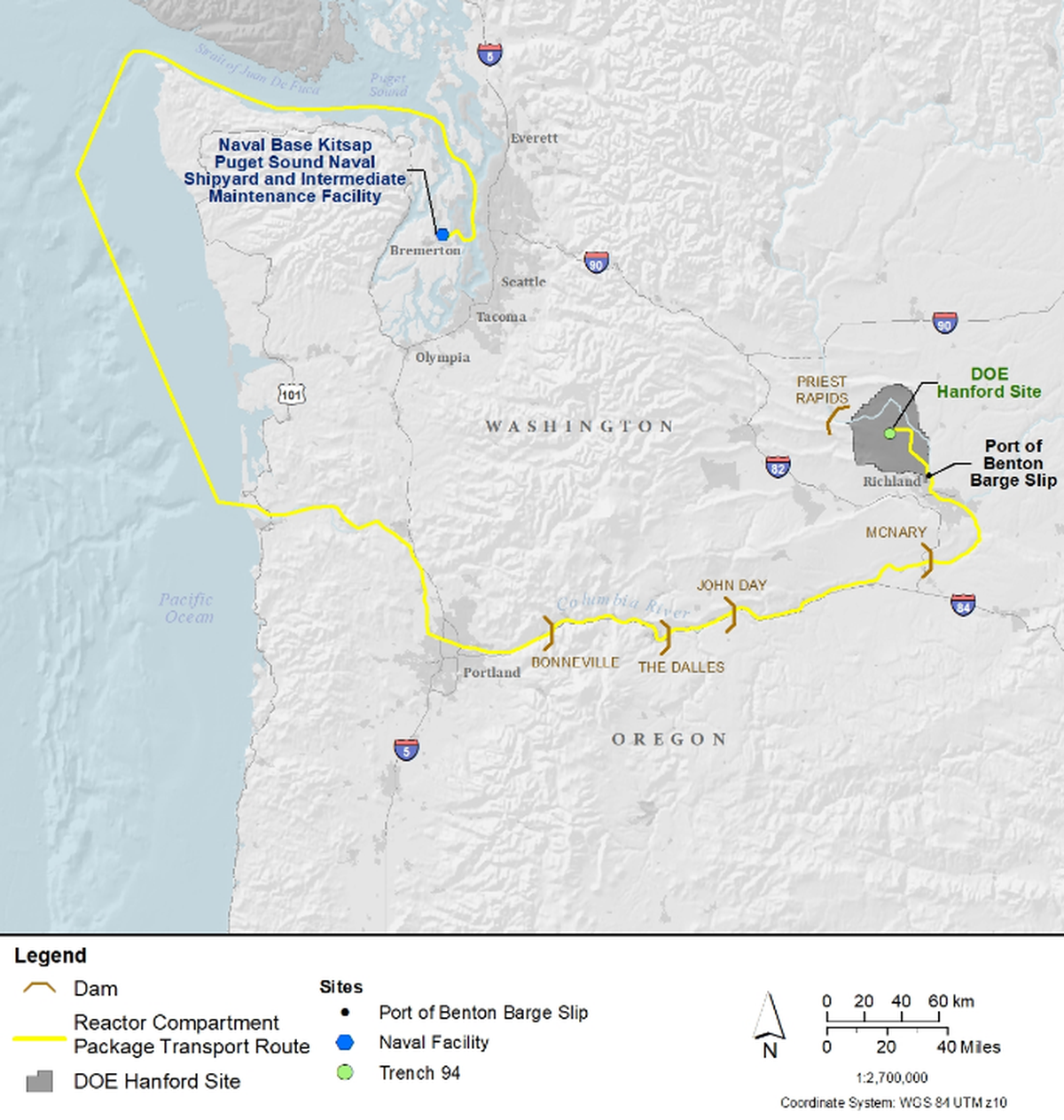 This map shows the route that barges would use to bring reactor compartments from the USS Enterprise to Hanford for disposal, if the Navy chooses that option.