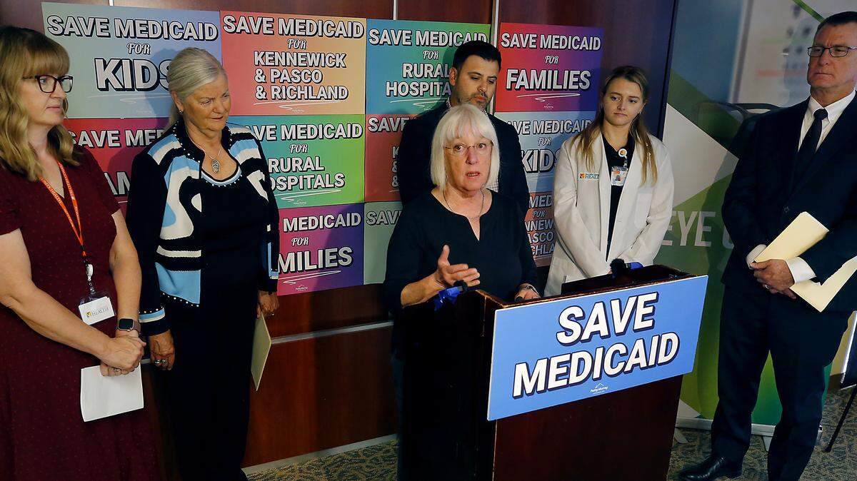Sen. Patty Murray, D-Wash, holds an August press conference in Pasco with local hospital and community health leaders to call attention to how cuts to Medicaid will impact health care. 