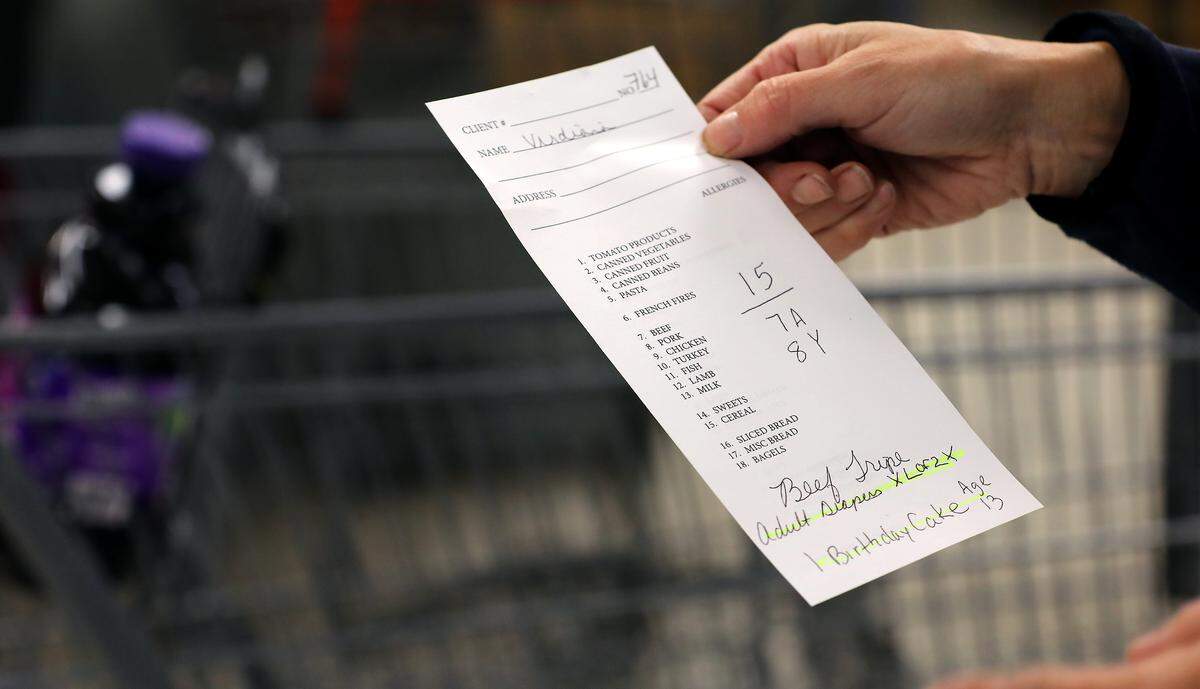 A volunteer holds a "shopping list" before filling a grocery carts for a client recently at the Kennewick branch of the Tri-Cities Food Bank.  This cart is for a  family of 15.