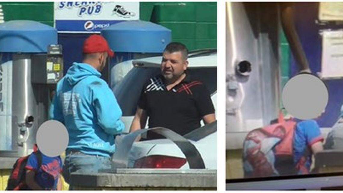 Surveillance photos show Rafael Muniz-De La Mora, in a black T-shirt, in Pasco using a 4-year-old to transport 10 pounds of meth in a Spider-Man backpack.