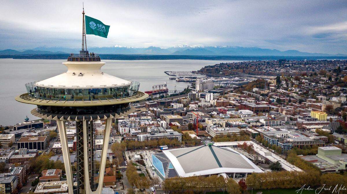 A Seattle 2026 flag is placed on top of the Space Needle in Seattle ahead of the World Cup.