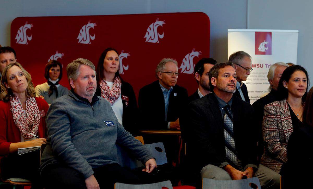 About 75 people listen as Gov. Jay Inslee announces the Institute for Northwest Energy Futures during a press conference Monday at the Washington State University Tri-Cities campus in Richland.
