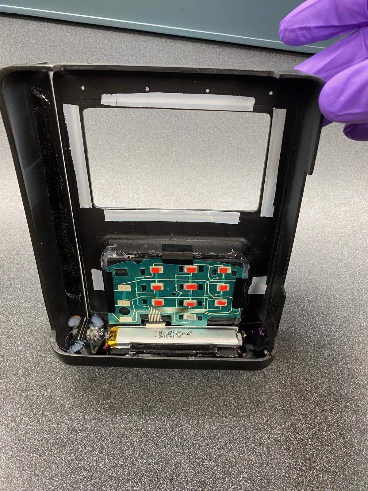 The back of a credit card skimmer plate recovered from a previous incident by Richland Police Department is shown here.
