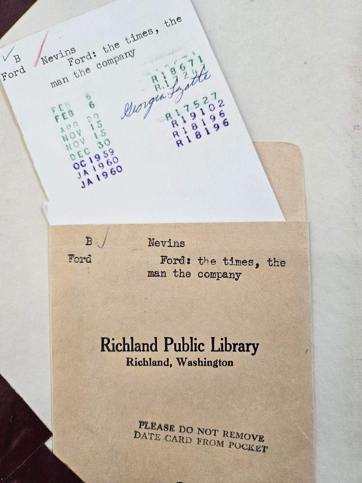 “Henry Ford and Ford Motor Co.” was just returned to the Richland Public Library 63 years, 11 months and 1 day late. More due dates through 1963 are on the back of the card. Fortunately for the man who turned it in, the library does not change late fees.