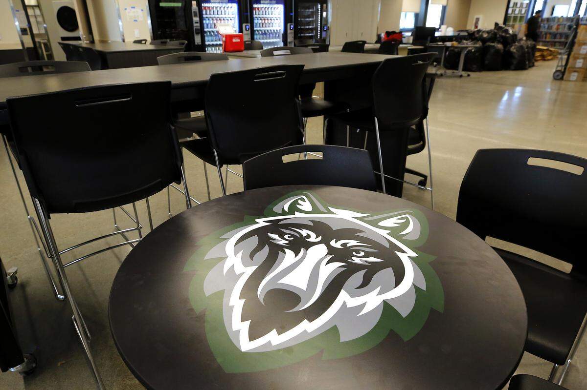 Lobos logo table near the library in Sageview High School in west Pasco.