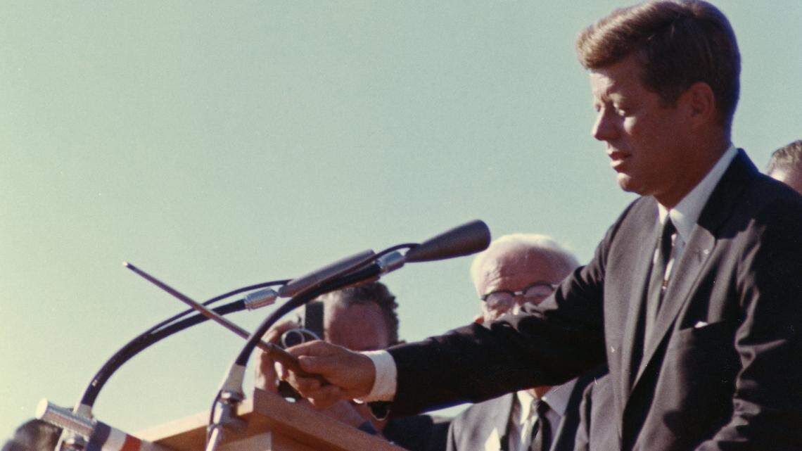 President John F. Kennedy visited Hanford 50 years ago on Sept. 26, 1963, for the ceremonial groundbreaking on a steam plant that would allow N Reactor to produce electricity in addition to plutonium for nuclear weapons. The public was allowed on Hanford for the visit and about 37,000 people attended. (Photo courtesy U.S. Department of Energy)