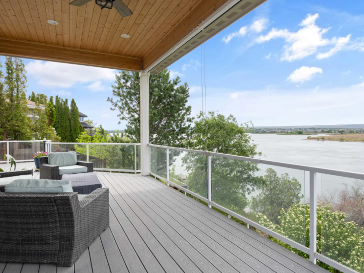 The home’s deck overlooks the Columbia River shoreline.