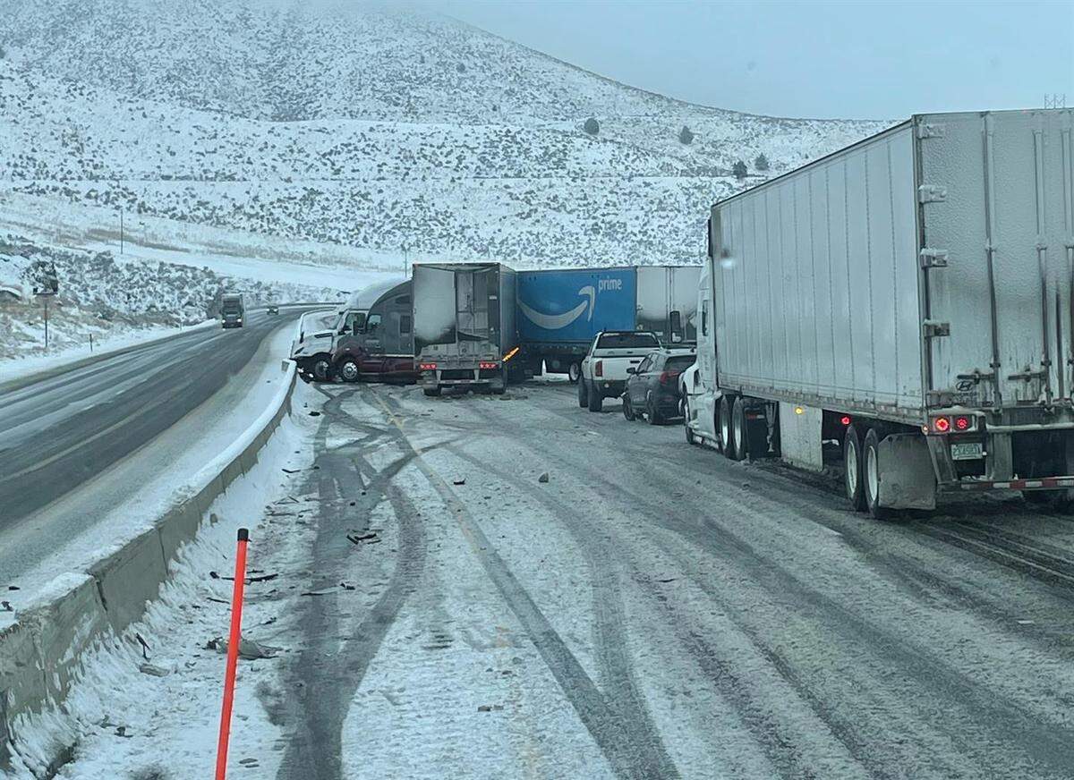 Eastbound lanes of Interstate 84 near Baker City were closed Friday morning due to a crash.