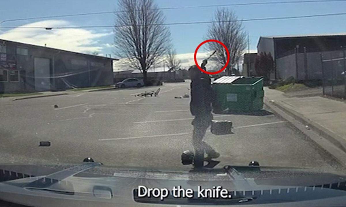 Pasco police released a nine-minute video showing body and dash camera footage from a stabbing and officer-involved shooting at Sixth and Lewis Street which included images of the suspect brandishing a knife, seen here.