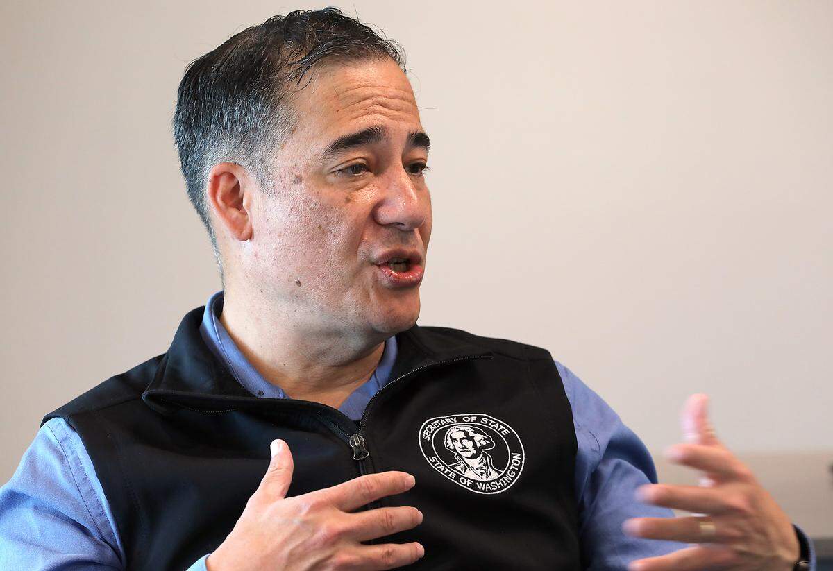 Washington Secretary of State Steve Hobbs answers questions following a tour of the Benton County Elections Center in Kennewick.