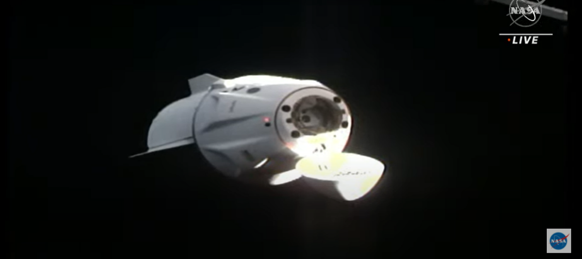 The Crew Dragon Endurance is shown shortly before docking with the International Space Station in a screenshot of NASA’s live video.