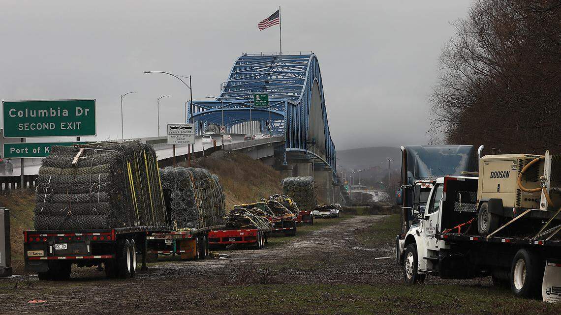 Equipment and supplies are staged on the Pasco side of the blue bridge for the upcoming $33.5 million painting project of the four-lane span, also known as the Pioneer Memorial Bridge., that carries Highway 395 over the Columbia River, linking Pasco and Kennewick.