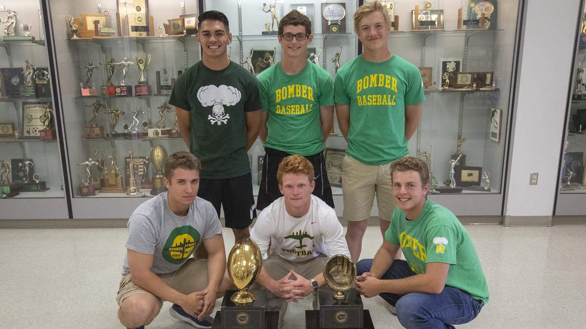 Richland’s Josh Mendoza (top left), Taylor Johnson, Drew Daves, and Casey Perryman (front row, from left), Adam Weissenfels and Trey Zorich were part of the Bombers' baseball and football state championship teams.