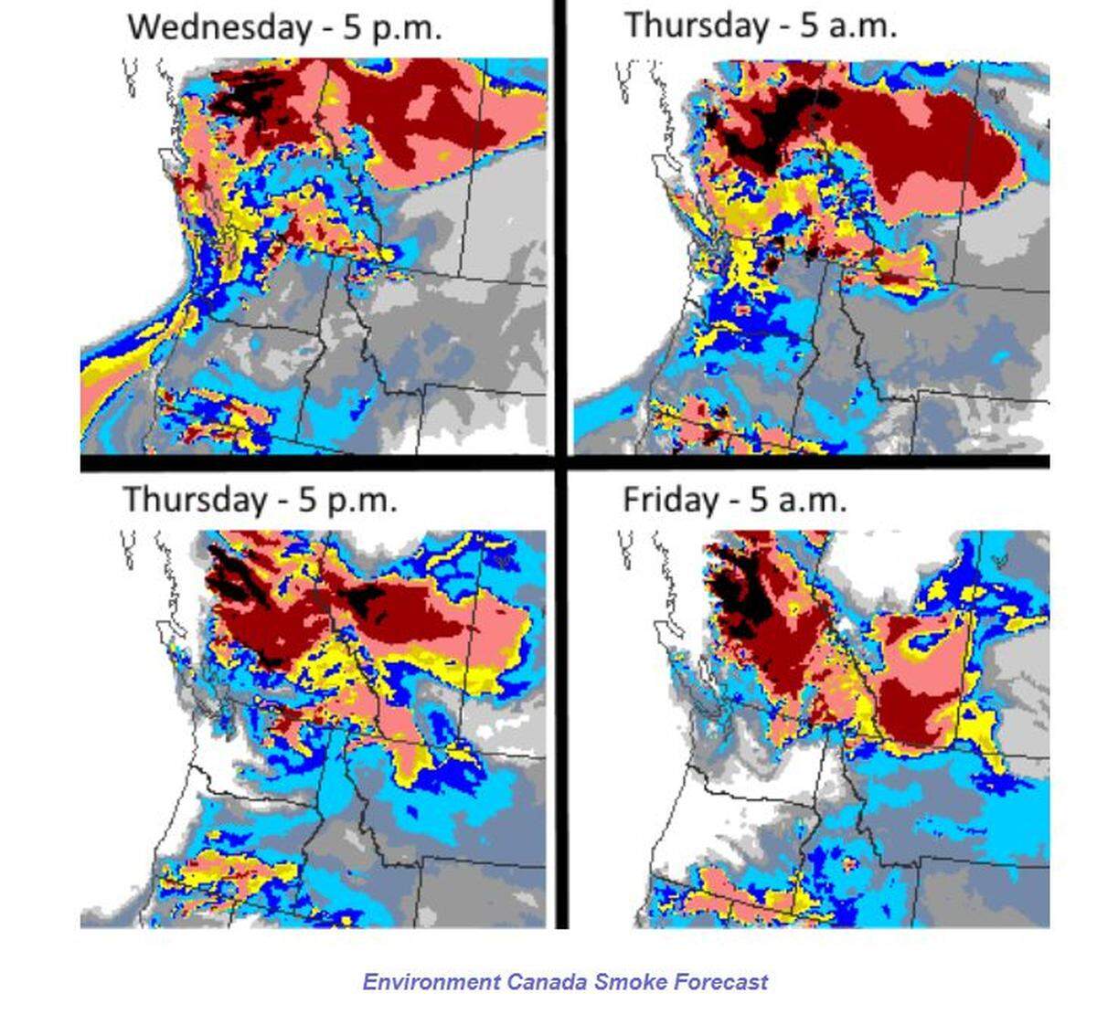 Smoky air in Western Washington is forecast to move over Eastern Washington starting overnight Wednesday but should be mostly gone by early Friday morning.