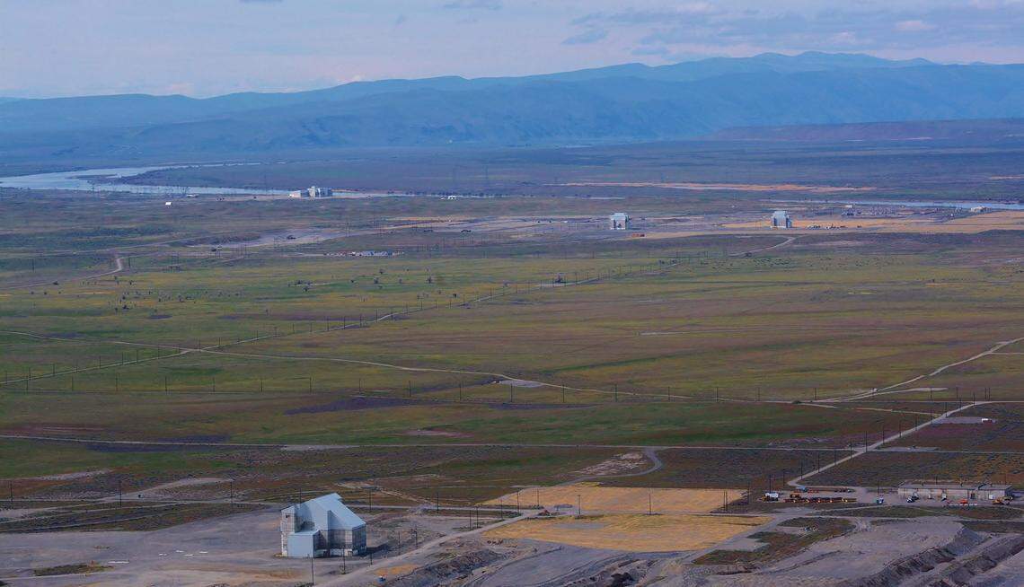 Defunct reactors sit near the Columbia River at Hanford. Some Hanford land outside the secure area, shown, could be leased for clean energy production.