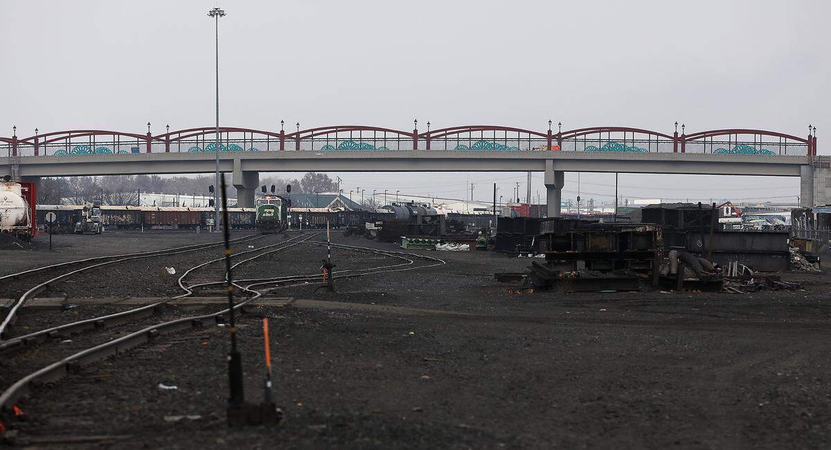 The $36 million Lewis Street overpass project towers over the BNSF railyard in Pasco. It’s set to open in April 2024.