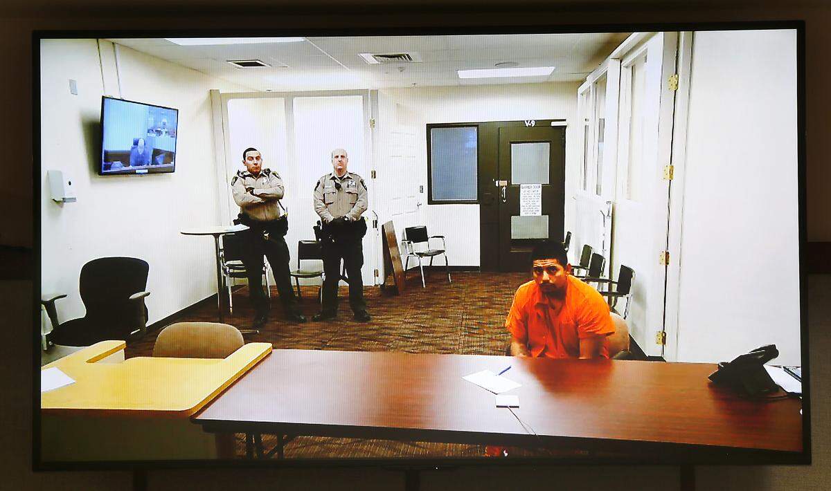 Murder suspect Marco Lombera, 21, makes his preliminary appearance in Franklin County Superior Court by video link after he was arrested following a chase and manhunt the previous day in Kennewick. His bail was set at $1 million. Watch a video at: tricityherald.com/video.