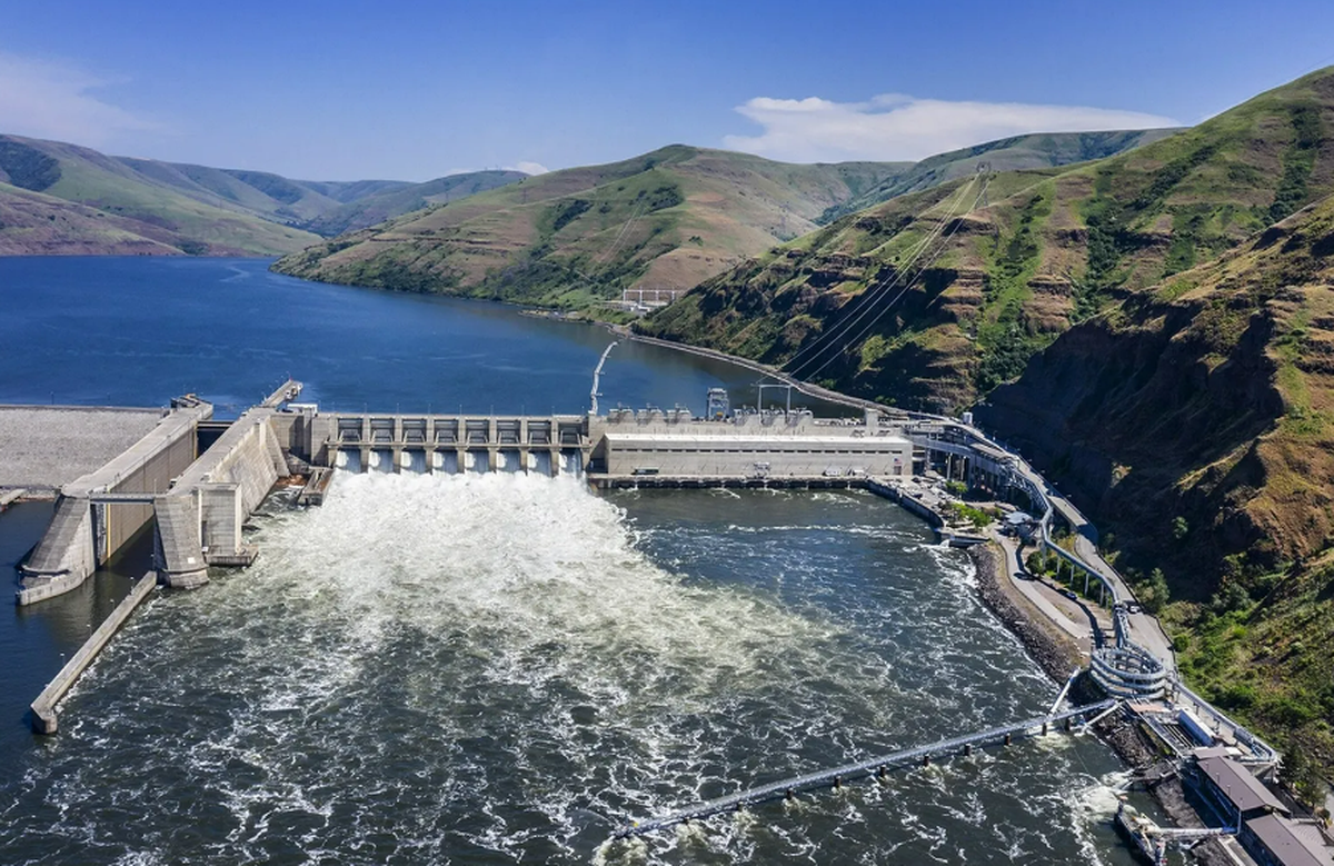 An aerial view of Lower Granite Dam on the Snake River.