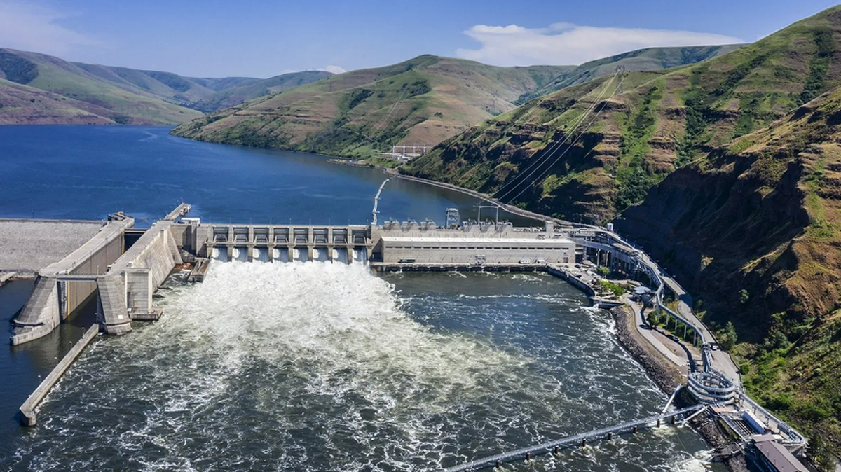 An aerial view of Lower Granite Dam on the Snake River.