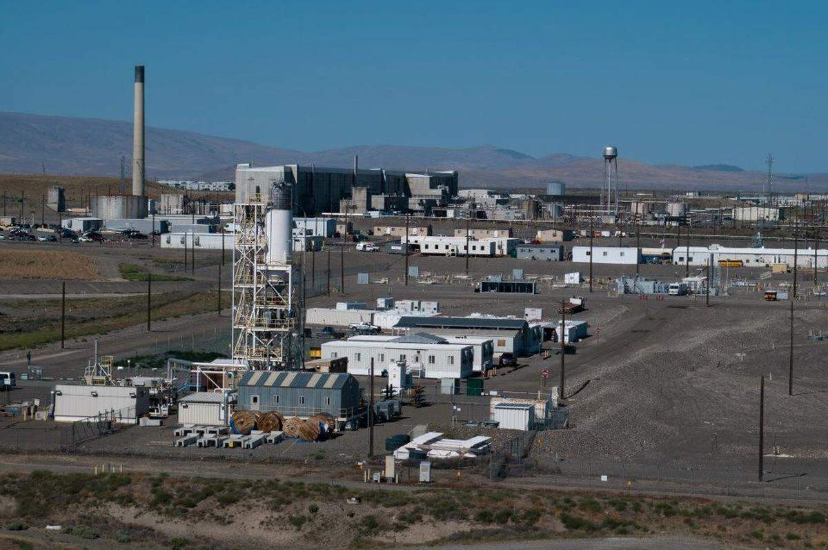 The PUREX plant can be seen in the background in this view from the Hanford vitrification plant.