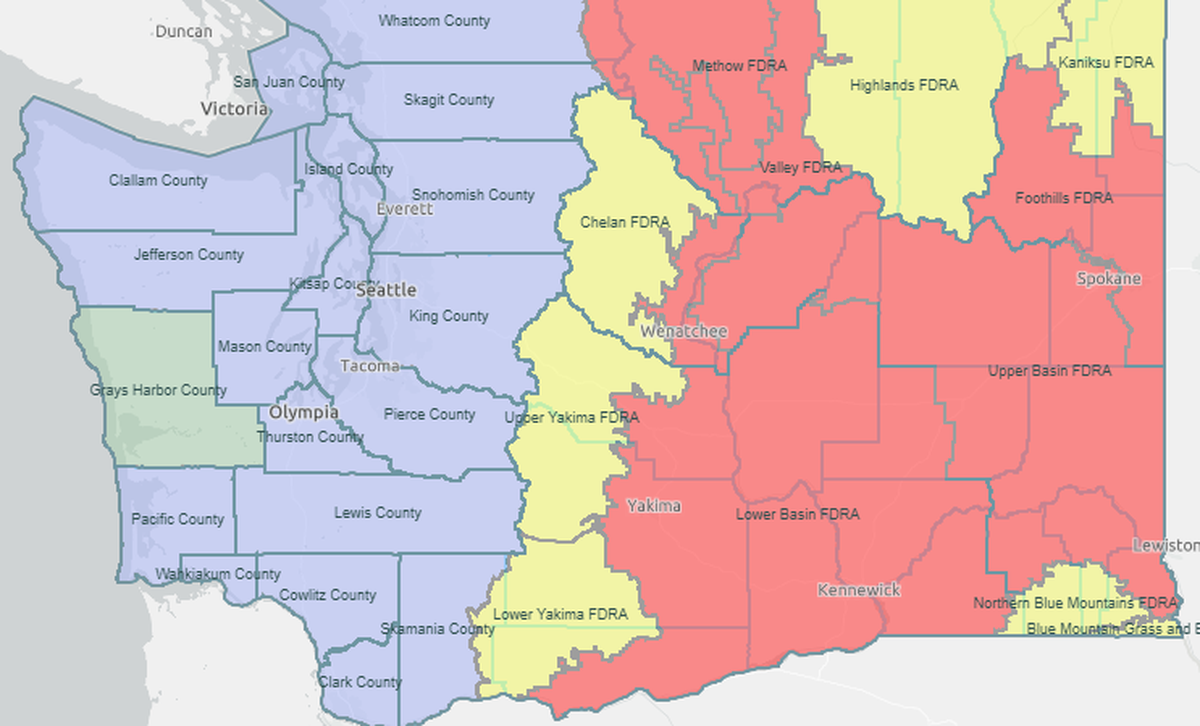 The Washington state Department of Natural Resources rates the fire danger in much of Eastern Washington as very high or extreme. On the map, red is very high or extreme fire danger, yellow is high, purple is moderate and green is low.