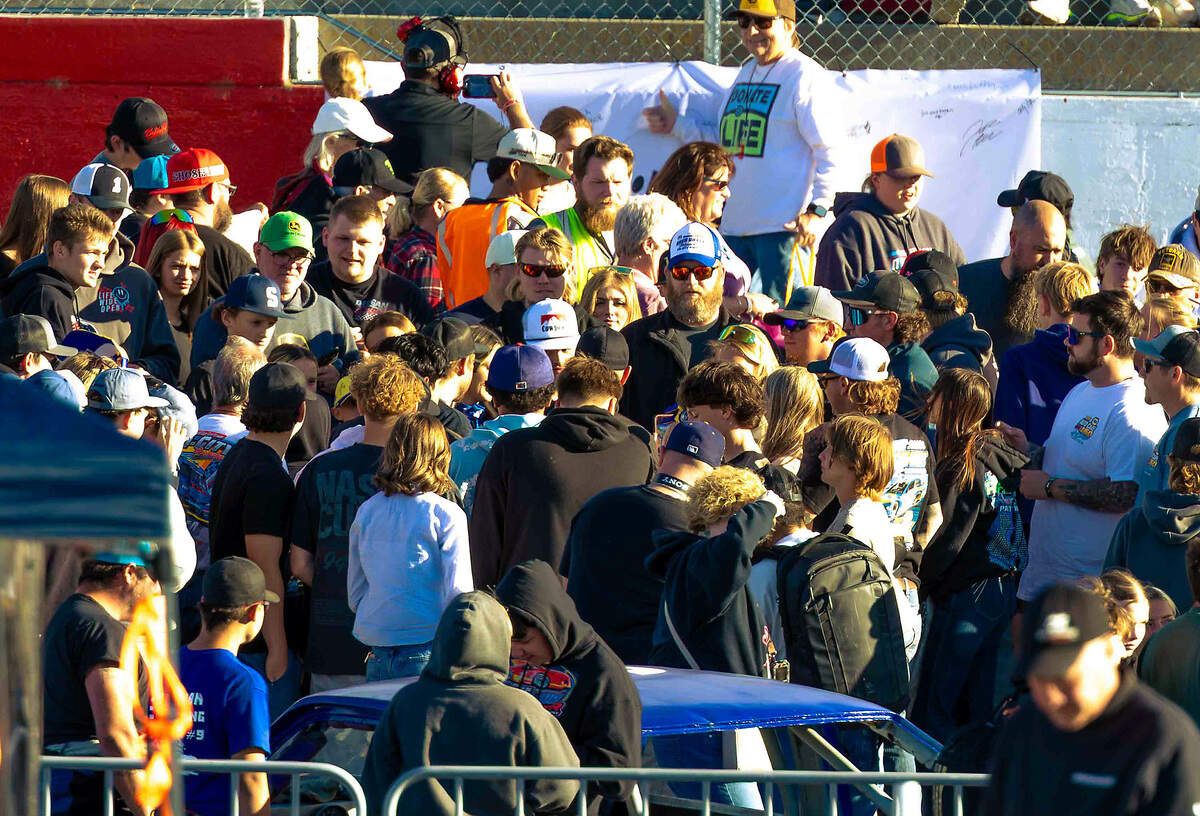 Fans gather near the front stretch before the start of the NAPA Auto Care 150 Greg Biffle Memorial on Saturday at Tri-City Raceway in West Richland. The ARCA Menards Series West event honored NASCAR star Greg Biffle, whose racing career began in the Pacific Northwest