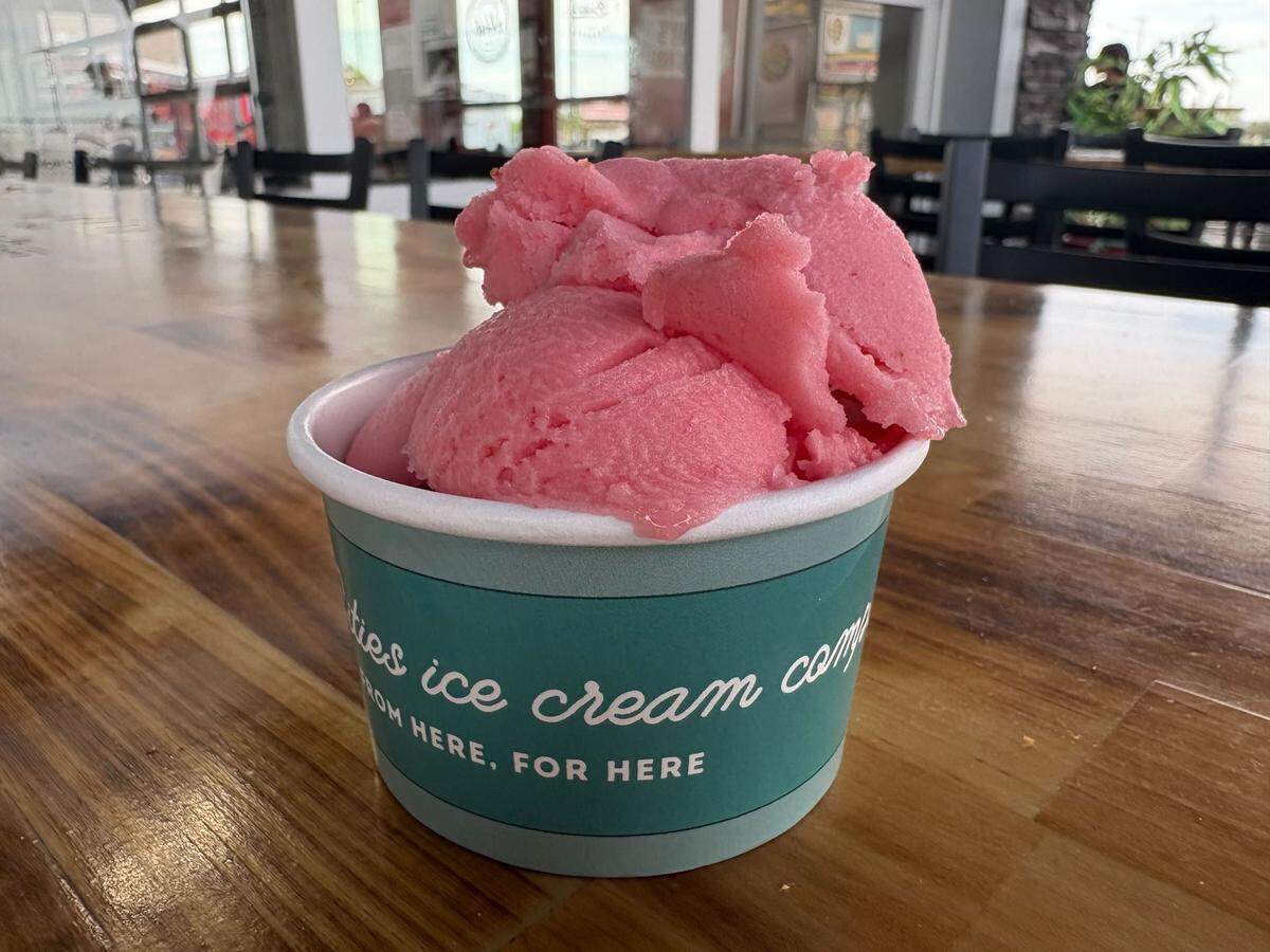 One scoop of strawberry sorbet in a cup from Angel Brook Farms Ice Cream at the Summer’s Hub of Kennewick.