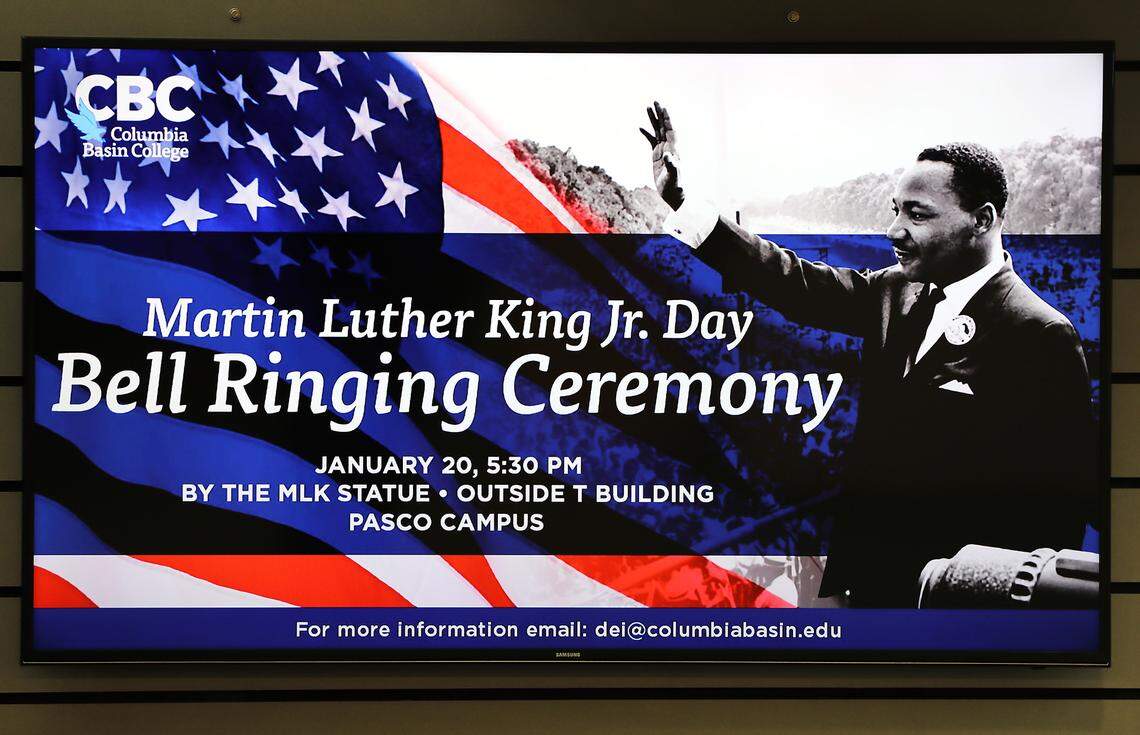 A display screen inside Columbia Basin College in Pasco advertises for the annual MLK Bell Ringing Ceremony. This year’s event is on January 20 at 5:30 p.m. on the Pasco campus.